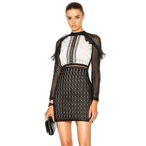 Self-Portrait Black and White Geometric Lace-Detail Mini Dress
